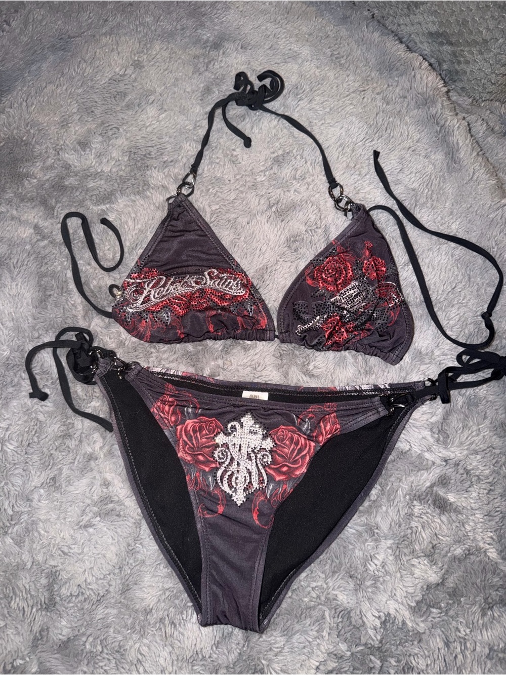 Vintage Y2K Black & Red rebel saints Rose Embellished Triangle Bikini Set